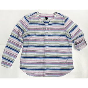 Talbots Petite Women's Size MP Linen Roll Tab Sleeve V-Neck Striped Shirt EUC